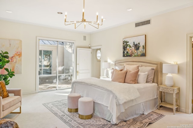 carpeted bedroom featuring crown molding and access to exterior