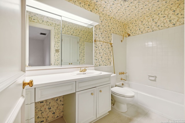 full bathroom with vanity, tub / shower combination, tile patterned floors, and toilet