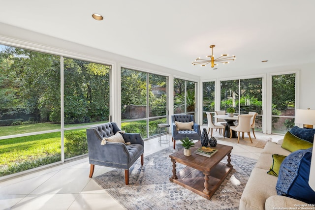 sunroom with a notable chandelier