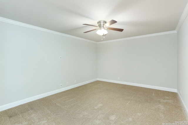 unfurnished room with carpet, ceiling fan, and crown molding