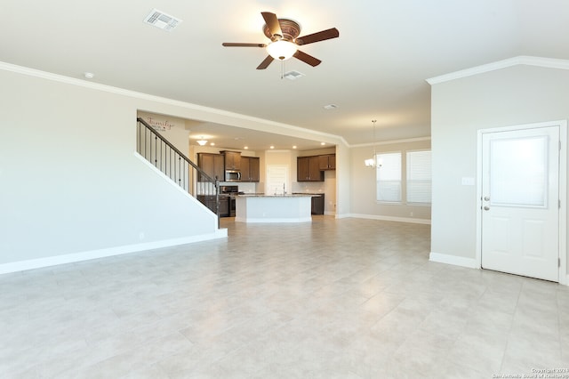 unfurnished living room featuring ceiling fan, light tile patterned floors, and ornamental molding