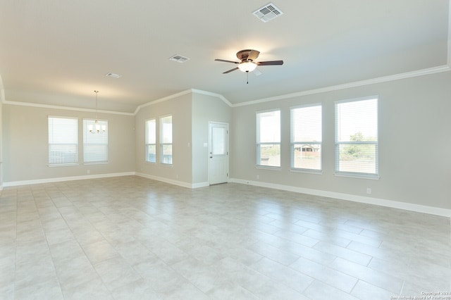 unfurnished room featuring ceiling fan with notable chandelier and crown molding