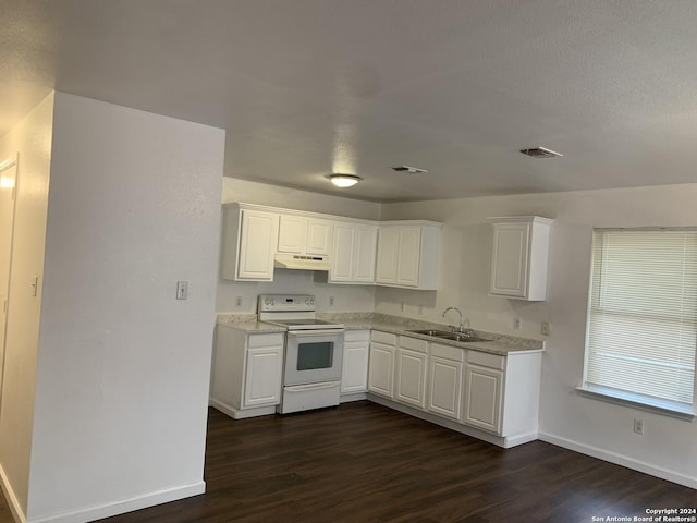 9058 Boston Hbr, San Antonio, TX 78242 - kitchen featuring white range with electric stovetop, a sink, dark wood finished floors, and light countertops