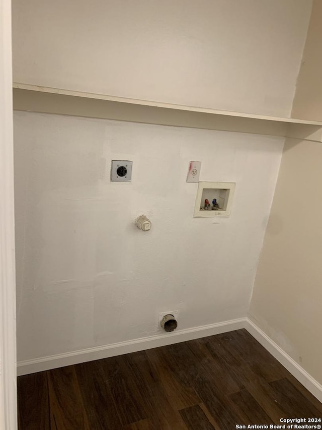 9058 Boston Hbr, San Antonio, TX 78242 - laundry area featuring hookup for an electric dryer, dark wood-style flooring, washer hookup, baseboards, and hookup for a gas dryer