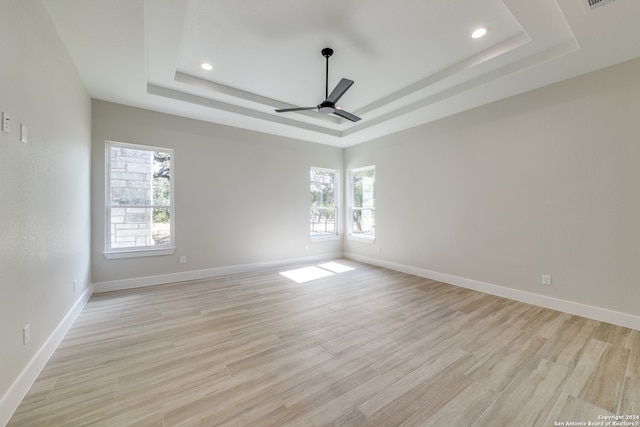 spare room featuring light hardwood / wood-style floors, a healthy amount of sunlight, and a tray ceiling