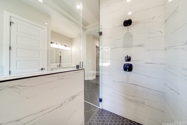 bathroom with tile walls and a tile shower