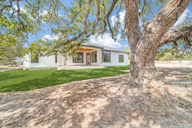 back of house with a patio and a yard