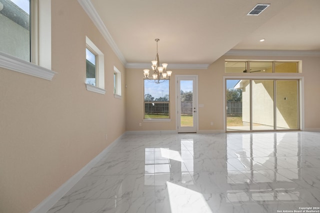 unfurnished dining area with an inviting chandelier and ornamental molding