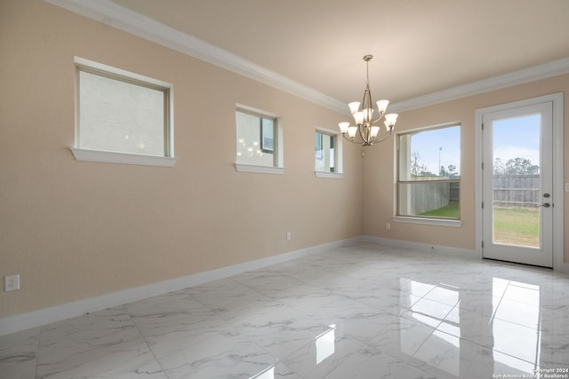 interior space with an inviting chandelier and ornamental molding