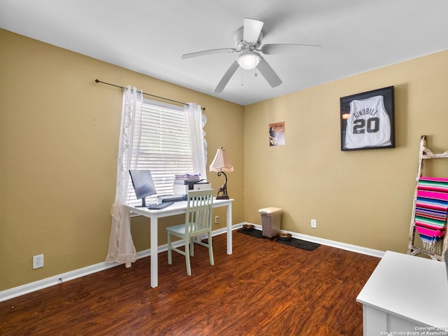 office with dark hardwood / wood-style floors and ceiling fan