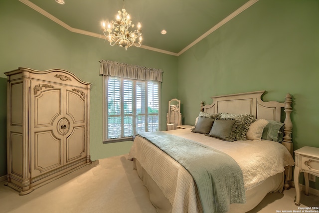 carpeted bedroom with an inviting chandelier, crown molding, and lofted ceiling