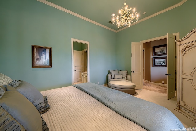 bedroom with crown molding, a chandelier, and ensuite bath