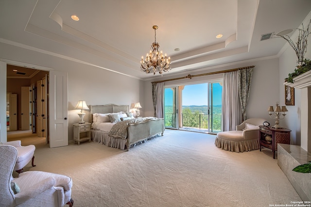 bedroom featuring light carpet, a raised ceiling, access to outside, an inviting chandelier, and ornamental molding