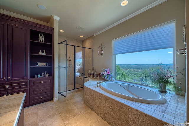 bathroom featuring tile patterned floors, crown molding, shower with separate bathtub, and a mountain view