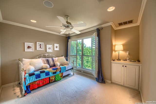 interior space with ceiling fan, light carpet, and ornamental molding