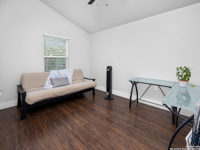 sitting room featuring lofted ceiling, dark hardwood / wood-style floors, and ceiling fan