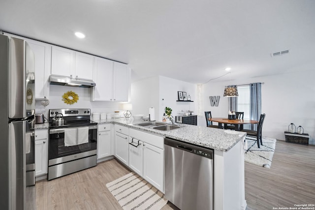 kitchen featuring appliances with stainless steel finishes, sink, light wood-type flooring, kitchen peninsula, and white cabinets