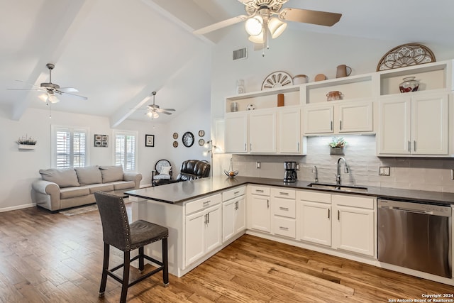 kitchen with sink, dishwasher, kitchen peninsula, white cabinetry, and light hardwood / wood-style floors