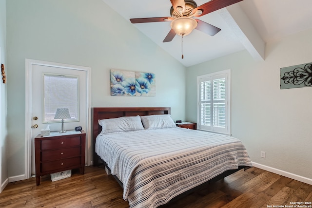 bedroom with hardwood / wood-style floors, lofted ceiling with beams, and ceiling fan