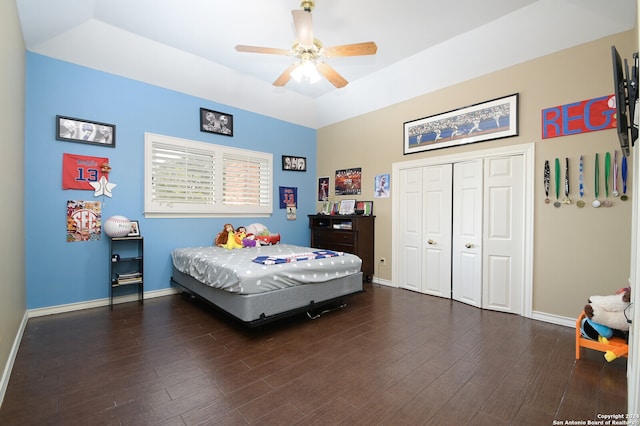 bedroom with a raised ceiling, ceiling fan, dark hardwood / wood-style flooring, and a closet