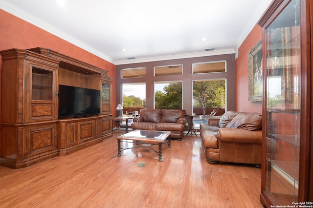 living room featuring crown molding and light wood-type flooring