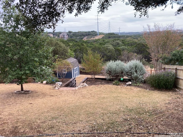 view of yard featuring a storage shed