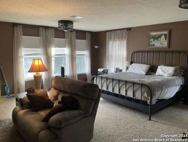 carpeted bedroom featuring a textured ceiling