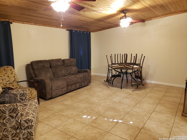 tiled living room featuring ceiling fan and wooden ceiling