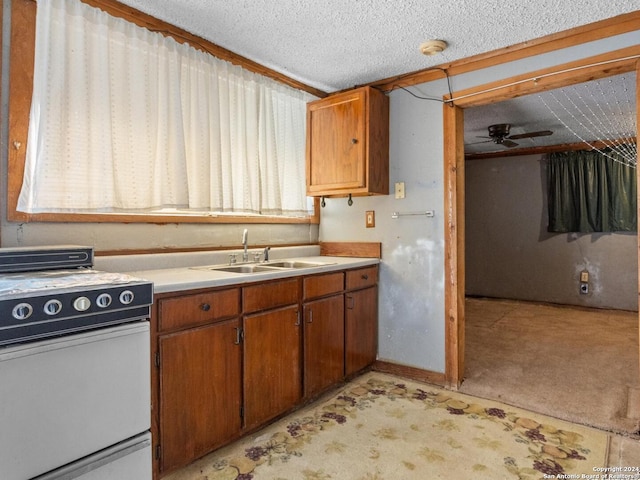 kitchen featuring white range, light carpet, sink, a textured ceiling, and ceiling fan