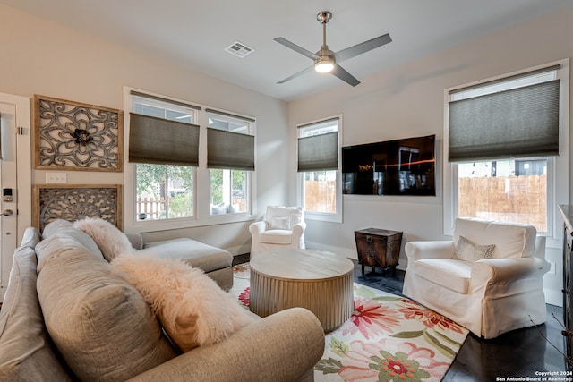 living room with ceiling fan