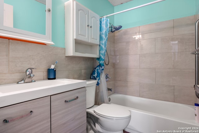 full bathroom featuring backsplash, tile walls, shower / bath combo with shower curtain, toilet, and vanity