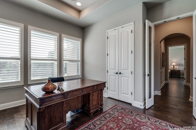 office space with dark hardwood / wood-style flooring