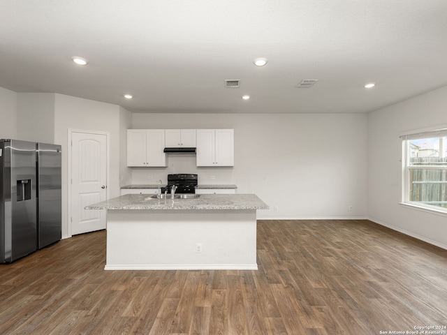 kitchen with white cabinets, a kitchen island with sink, dark wood-type flooring, and stainless steel refrigerator with ice dispenser