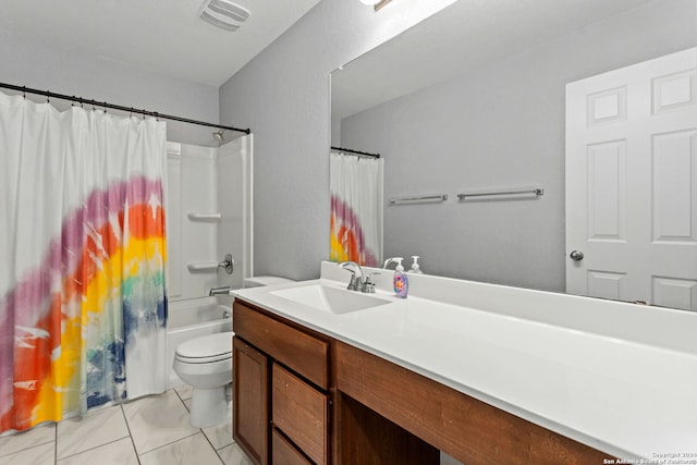 full bathroom with vanity, shower / tub combo, toilet, and tile patterned flooring