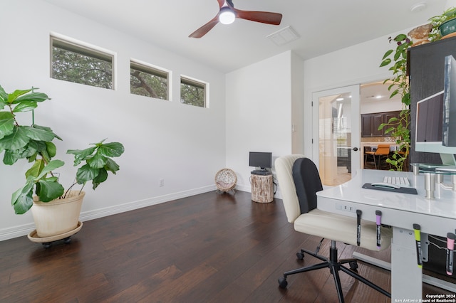 office area featuring dark wood-type flooring and ceiling fan