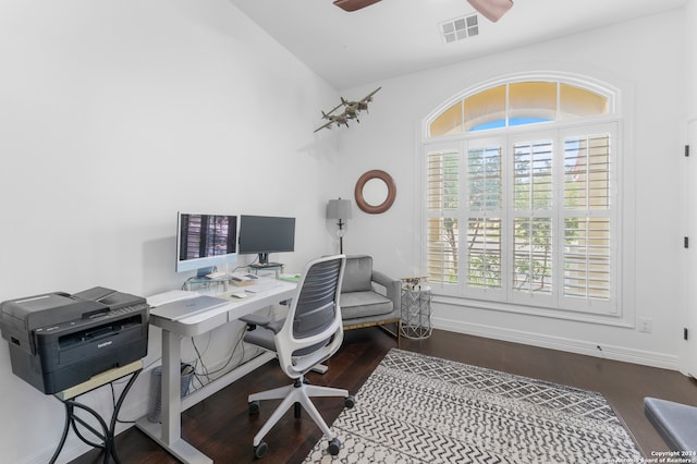 office area featuring ceiling fan and dark hardwood / wood-style flooring