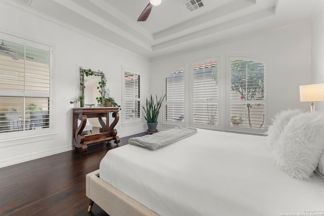 bedroom with multiple windows, a raised ceiling, ceiling fan, and dark hardwood / wood-style floors