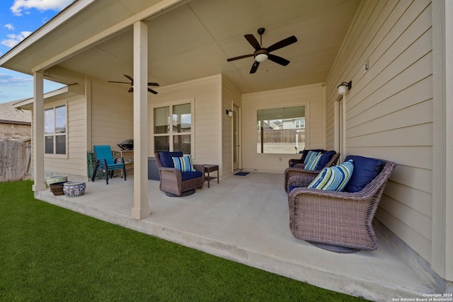 14471 Costa Leon, San Antonio, TX 78245 - view of patio / terrace featuring a ceiling fan, an outdoor hangout area, and fence