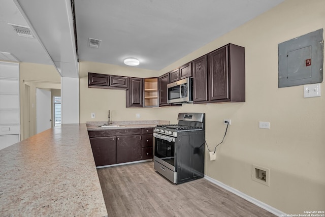 kitchen featuring stainless steel appliances, sink, dark brown cabinetry, light wood-type flooring, and electric panel