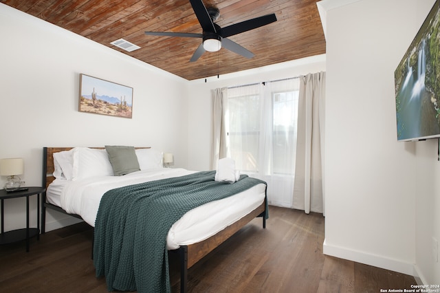 bedroom with dark wood-type flooring, wood ceiling, crown molding, and ceiling fan