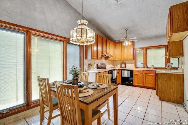 12331 Constitution St, San Antonio, TX 78233 - kitchen with range with electric cooktop, dishwasher, under cabinet range hood, light countertops, and lofted ceiling