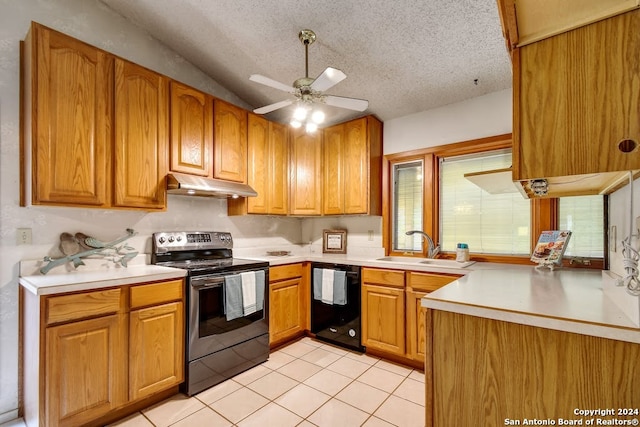 12331 Constitution St, San Antonio, TX 78233 - kitchen with stainless steel electric stove, black dishwasher, under cabinet range hood, a sink, and vaulted ceiling