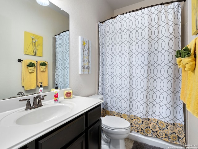 bathroom featuring vanity, a shower with curtain, and toilet