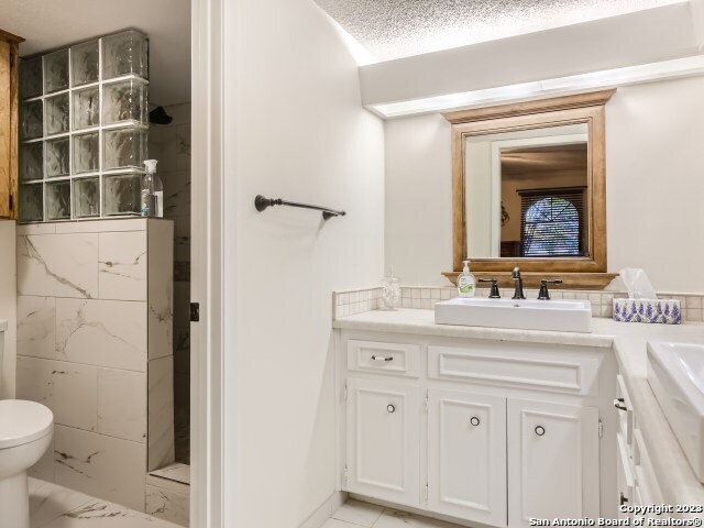 bathroom with vanity, toilet, a textured ceiling, and walk in shower