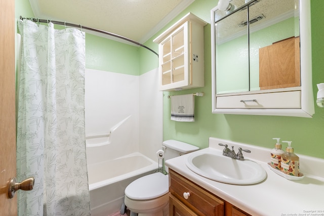 full bathroom with vanity, crown molding, toilet, shower / bath combo with shower curtain, and a textured ceiling