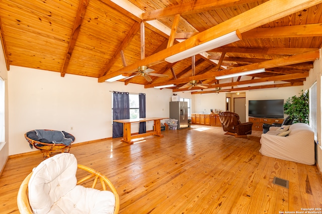 living room with wood ceiling, vaulted ceiling with beams, ceiling fan, and light hardwood / wood-style floors