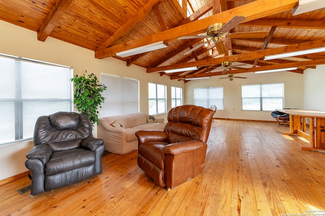 living room featuring vaulted ceiling with beams, a wealth of natural light, light hardwood / wood-style flooring, and wooden ceiling