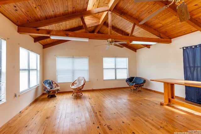 unfurnished room featuring wood ceiling, plenty of natural light, beamed ceiling, and light hardwood / wood-style floors