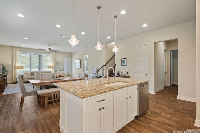 28964 Windlesham Way, San Antonio, TX 78260 - kitchen with a sink, recessed lighting, open floor plan, dark wood-type flooring, and stainless steel dishwasher