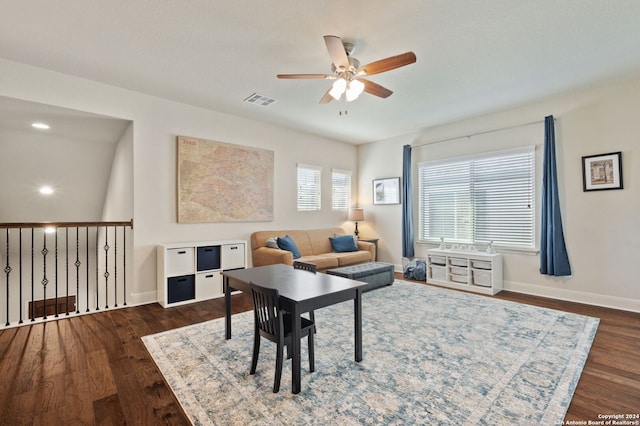 28964 Windlesham Way, San Antonio, TX 78260 - office area with a ceiling fan, baseboards, visible vents, and dark wood-style floors